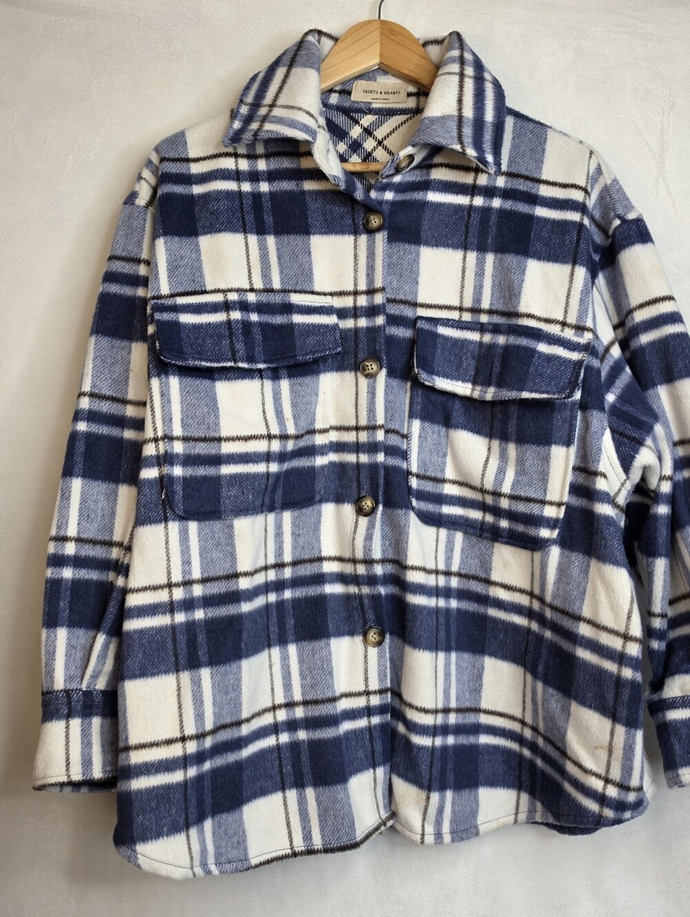 SAINTS & HEARTS Blue Plaid Fleece Shacket Shirt Jacket S/M